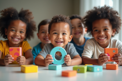 Enfants tenant des blocs colorés avec la lettre O