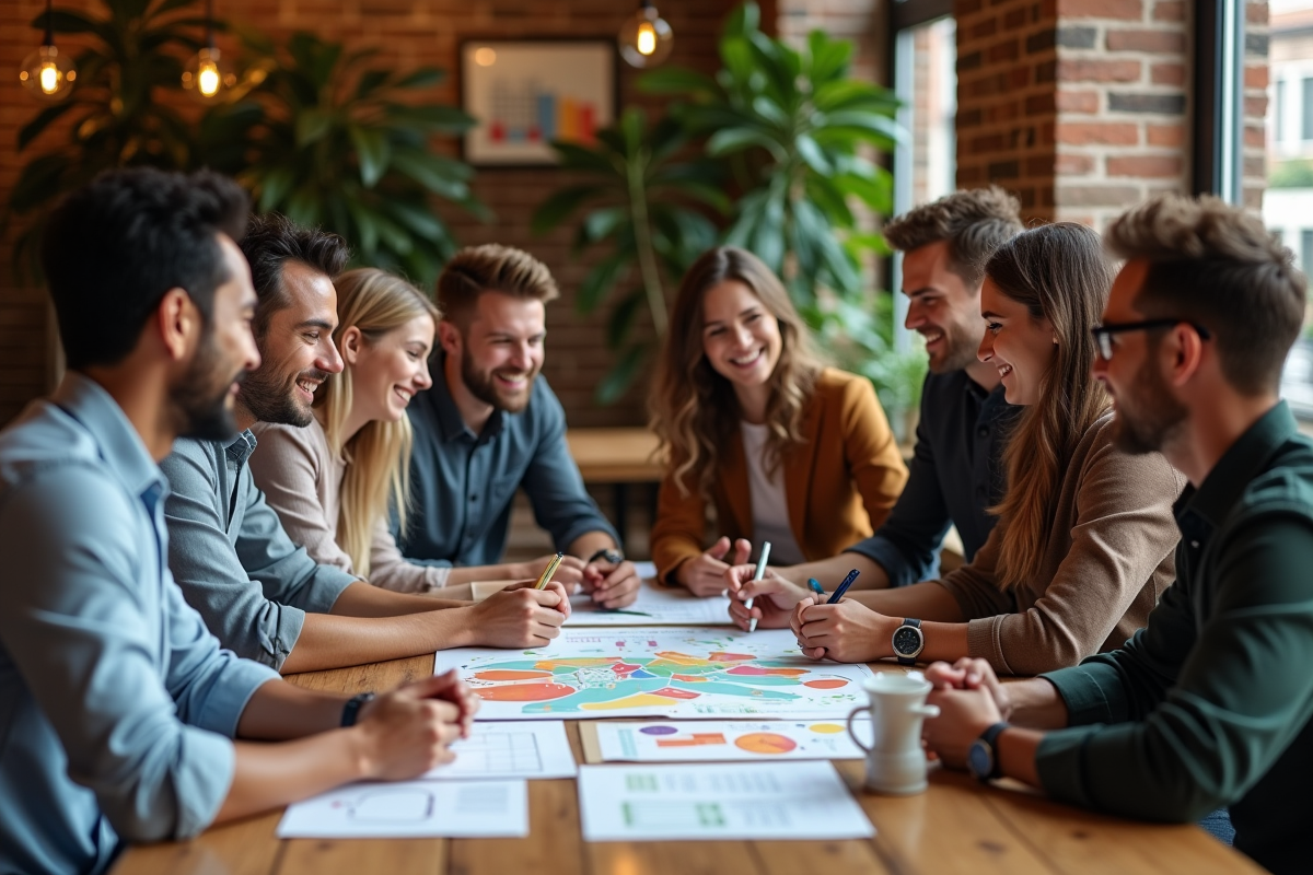 Groupe de jeunes professionnels discutant autour d