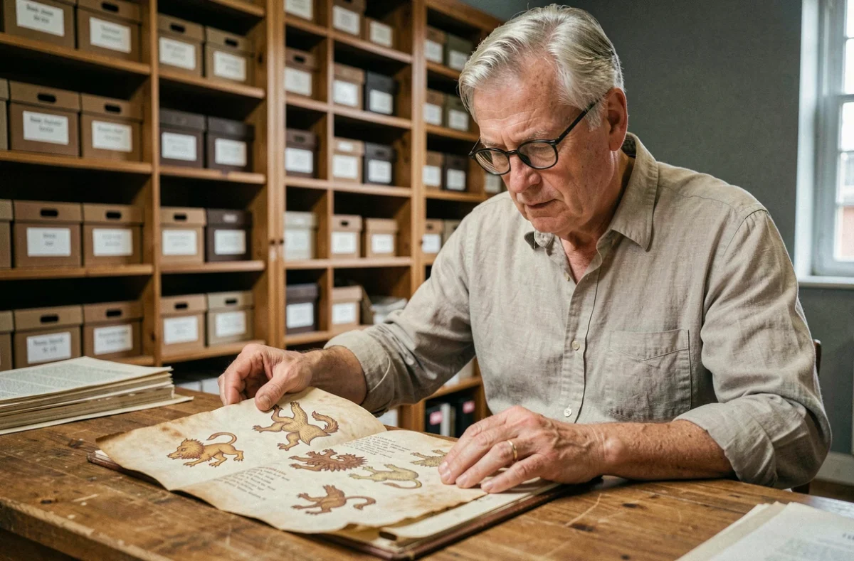 Historien consultant un manuscrit médiéval breton avec des symboles héraldiques d'hermines dans une salle d'archives