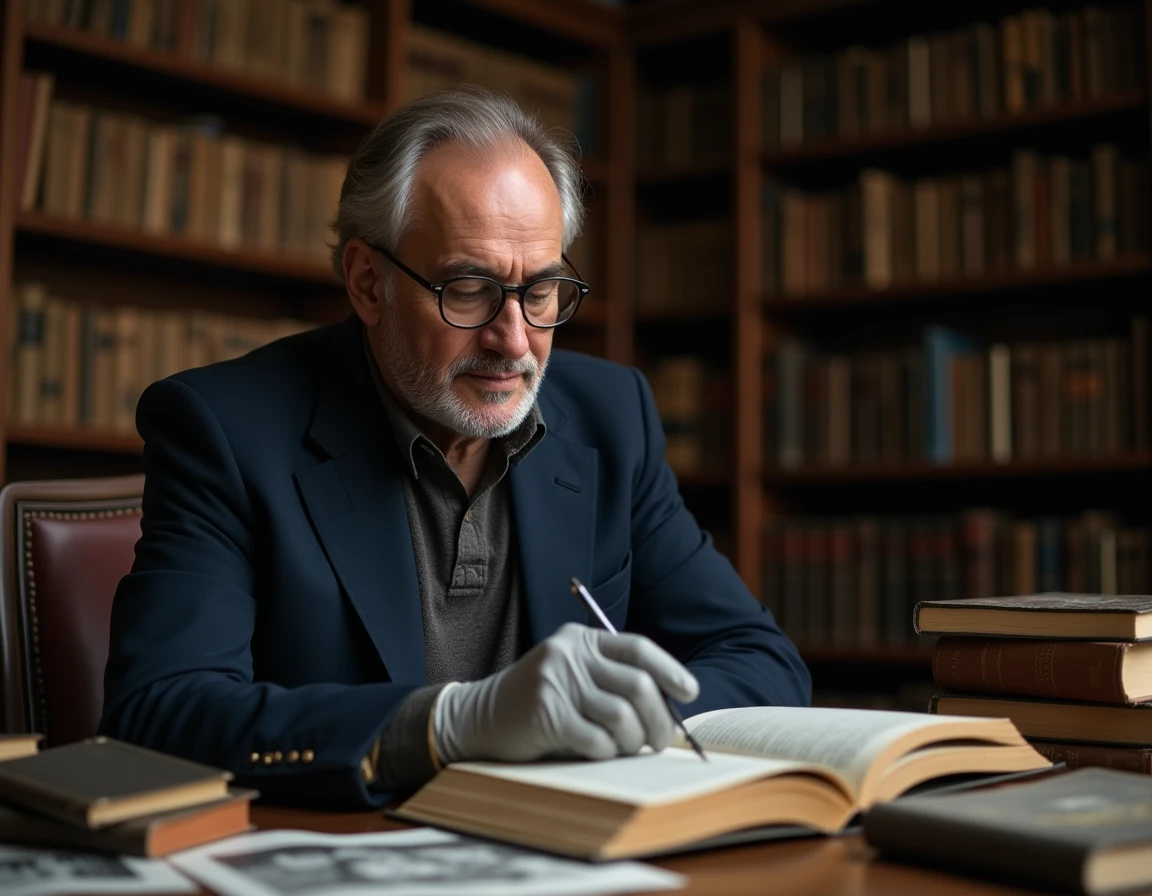 Historien consultant des archives historiques sur le Shah d'Iran dans une bibliothèque européenne