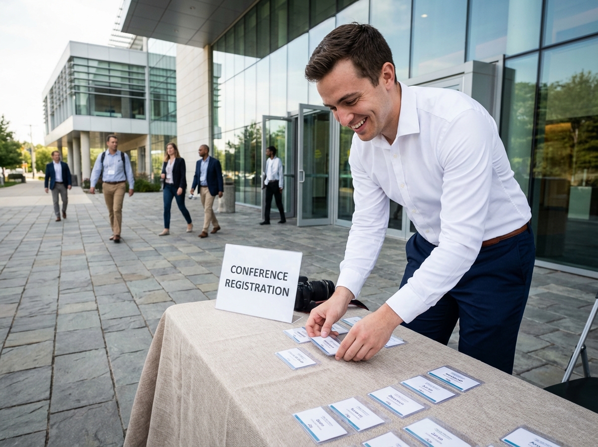 Homme souriant préparant badges à l