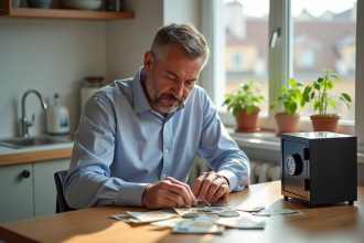 Homme d'âge moyen comptant des pièces et billets dans la cuisine