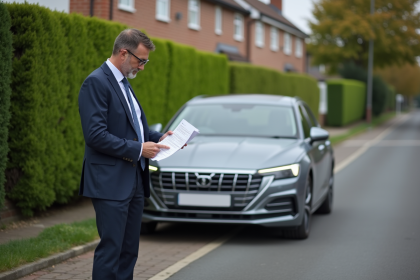 Homme d affaires vérifiant sa police d assurance auto devant sa voiture