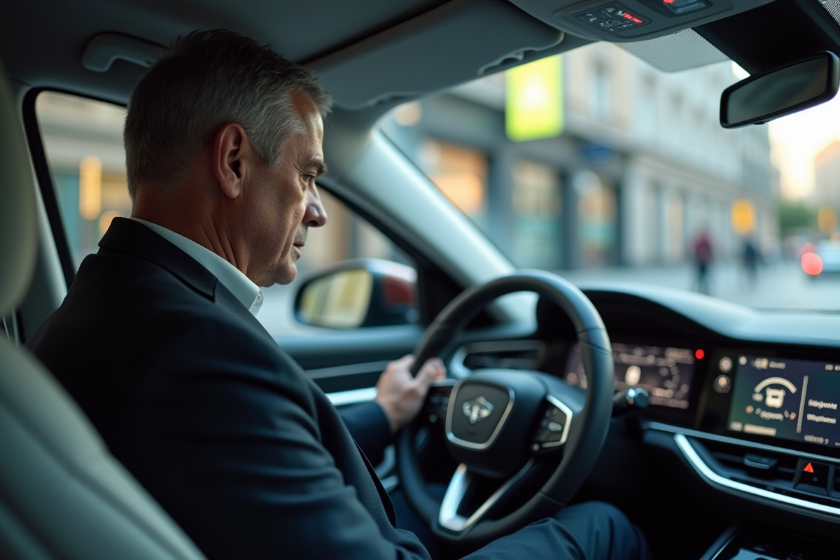 Homme d affaires dans une voiture autonome avec tableau de bord digital