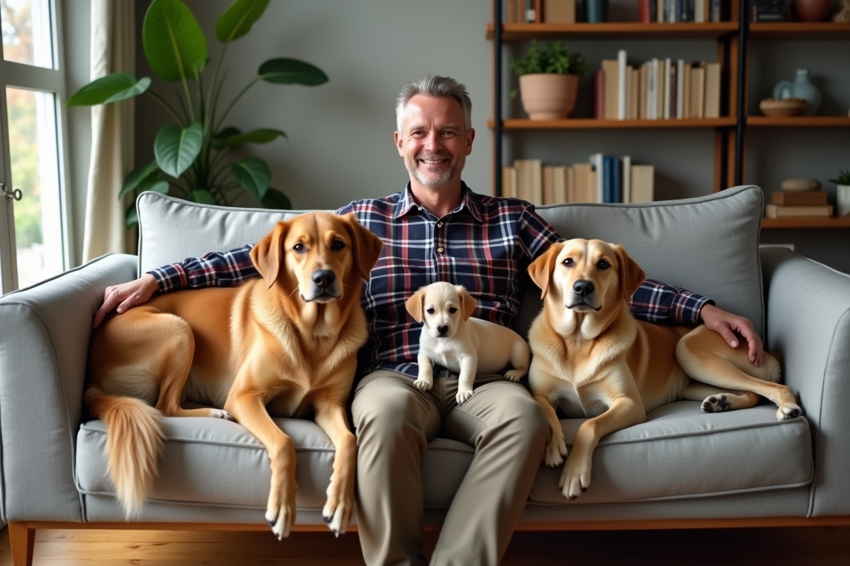 Homme assis avec deux grands chiens et un chiot dans le salon
