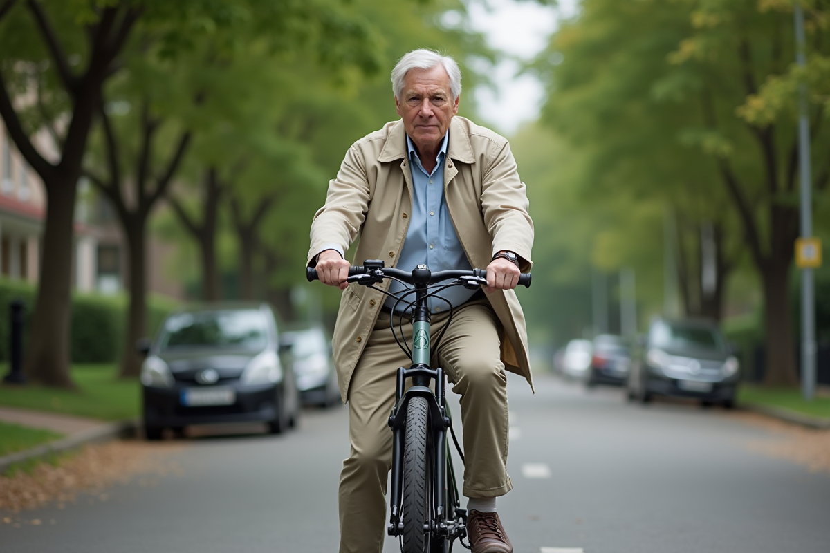 Homme âgé déverrouillant son vélo électrique dans un quartier résidentiel