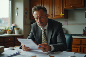 Homme d'âge moyen examinant des factures dans sa cuisine