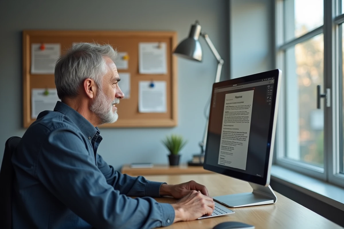Homme consultant un dictionnaire en ligne spécialisé pour mots fléchés devant un grand écran dans un bureau à domicile