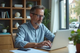 Homme d'affaires au bureau avec ordinateur et smartphone