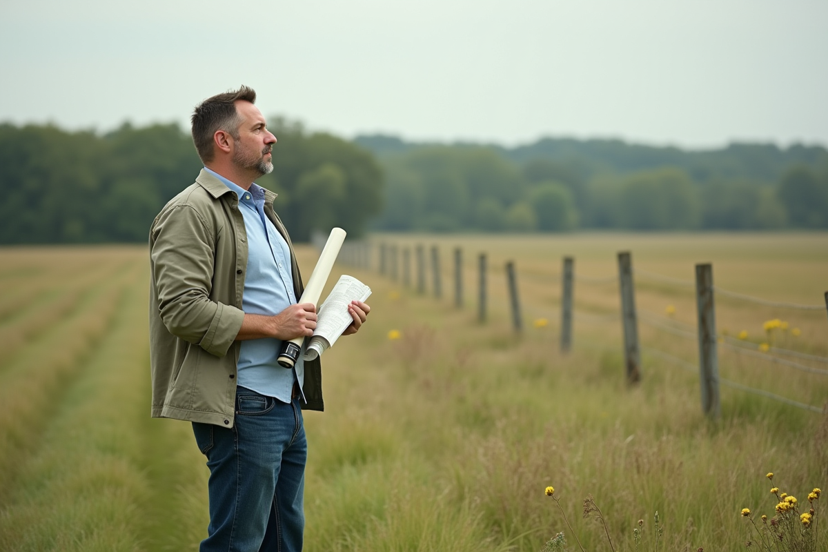 Homme d'âge moyen dans un champ rural avec carte de terrain