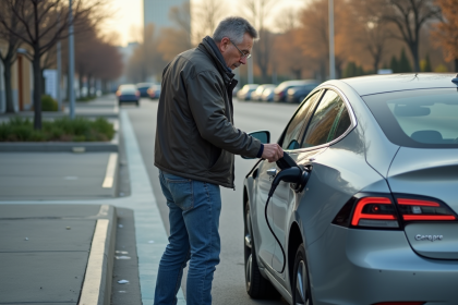 Homme en jeans charge une voiture électrique en ville