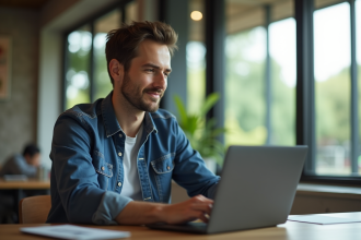 Homme français confiant travaillant dans un espace coworking à Chiang Mai