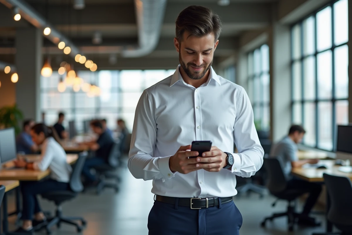 Homme en espace de coworking consultant un site d'actualités économiques et de consommation sur son smartphone