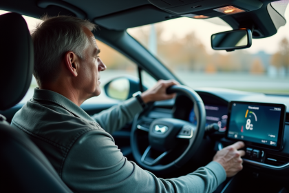 Homme examine un tableau de bord numérique dans une voiture hybride