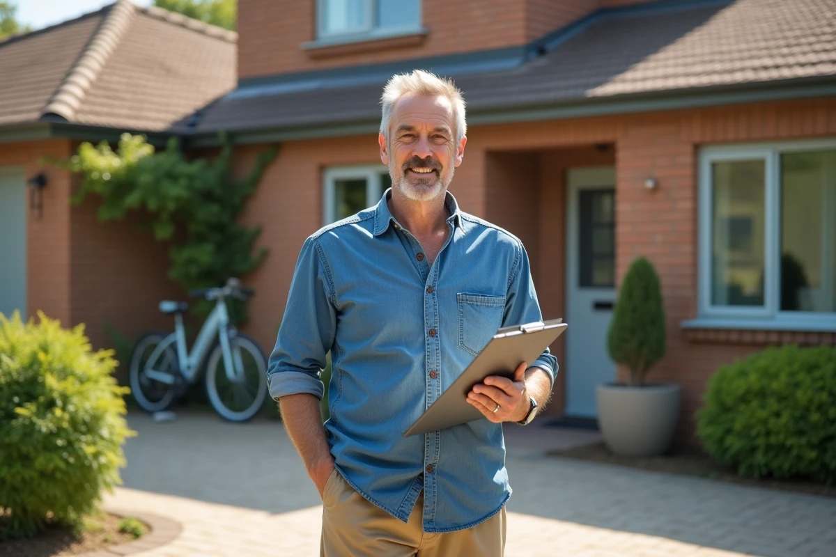 Homme debout devant une maison de banlieue avec un clipboard
