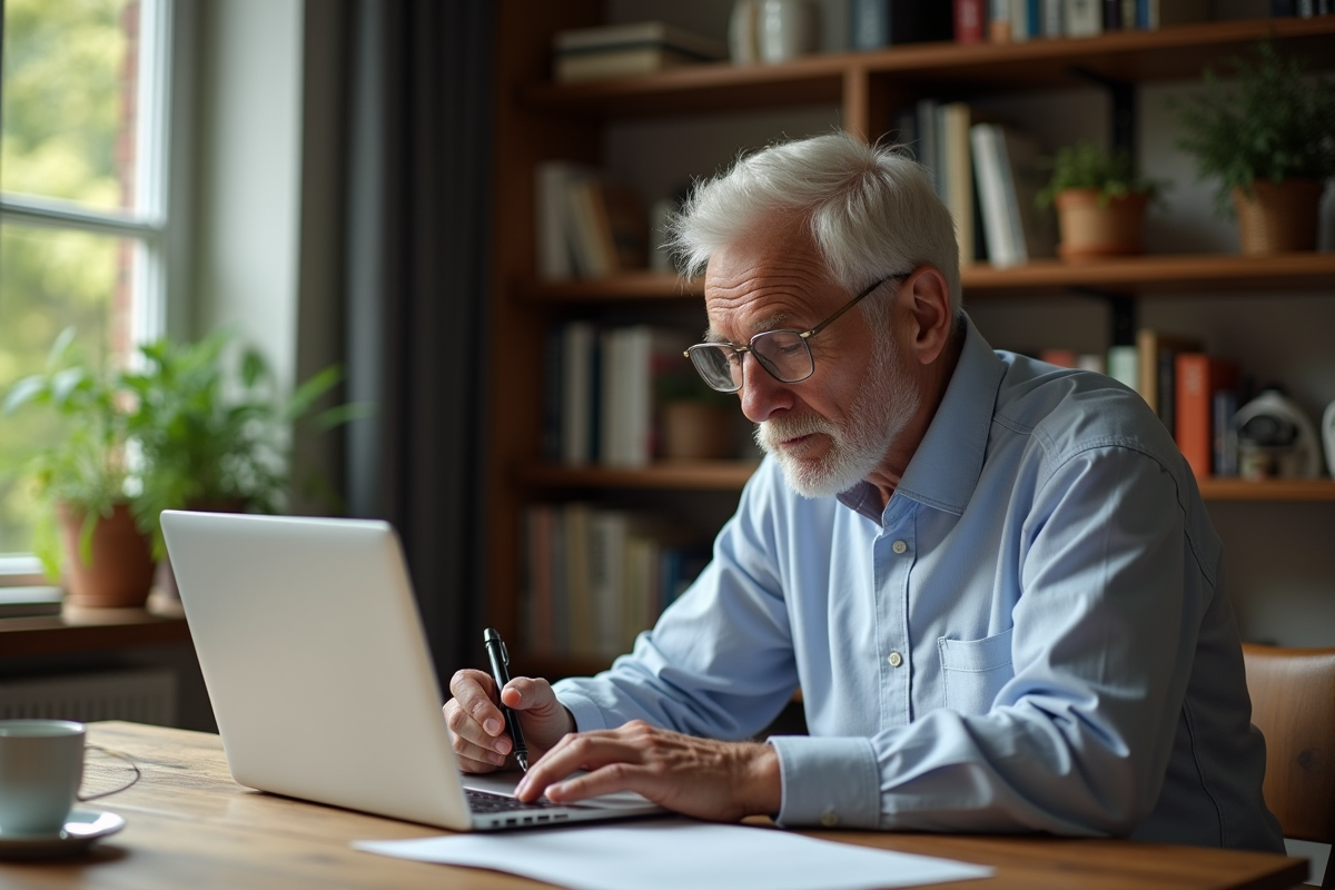 Homme âgé analysant ses dépenses dans un bureau chaleureux