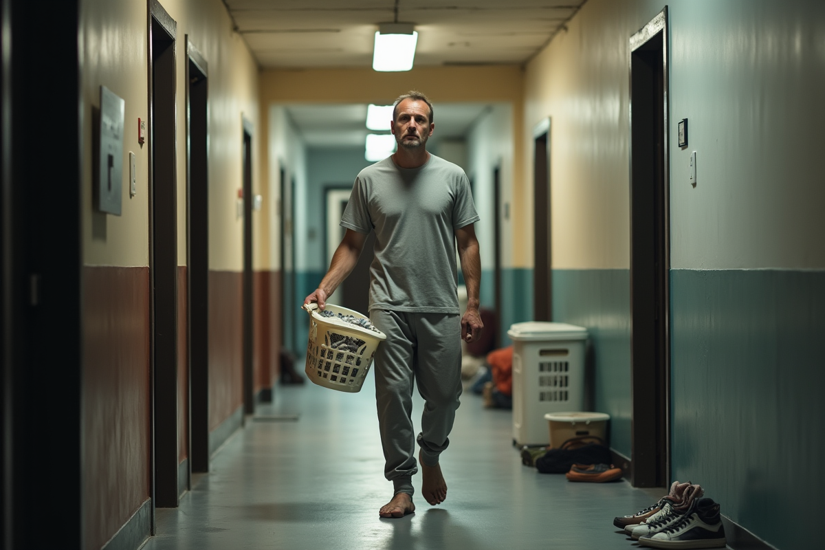 Homme chargé de linge dans un couloir résidentiel