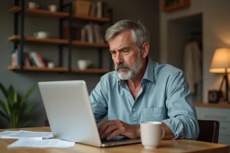 Homme d'âge moyen lisant des avis sur un ordinateur portable