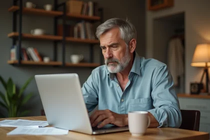 Homme d'âge moyen lisant des avis sur un ordinateur portable