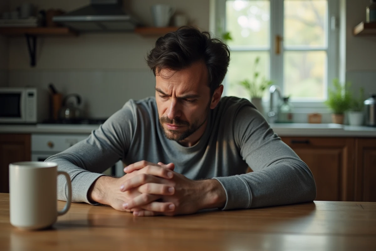 Homme pensif attablé dans sa cuisine après un rêve troublant d'agression psychologique, expression introspective et anxieuse