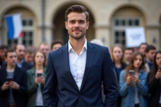 Jeune homme politique charismatique en costume bleu marine lors d'un rassemblement politique devant une foule de jeunes supporters tenant des smartphones