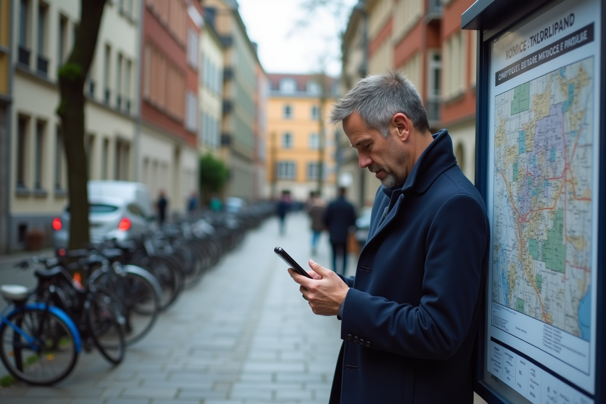 Homme regardant une carte immobilière sur un panneau urbain