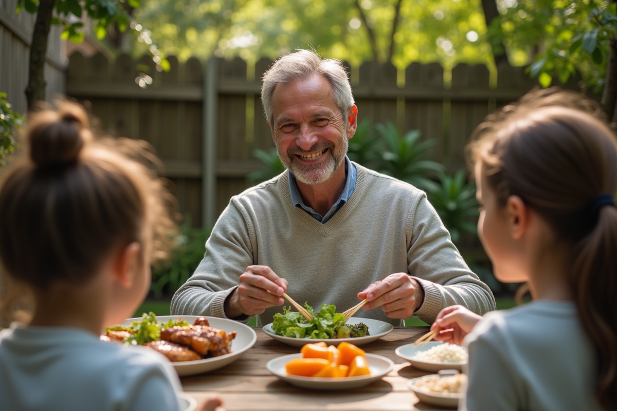 Homme partage un repas convivial avec sa famille dans un jardin