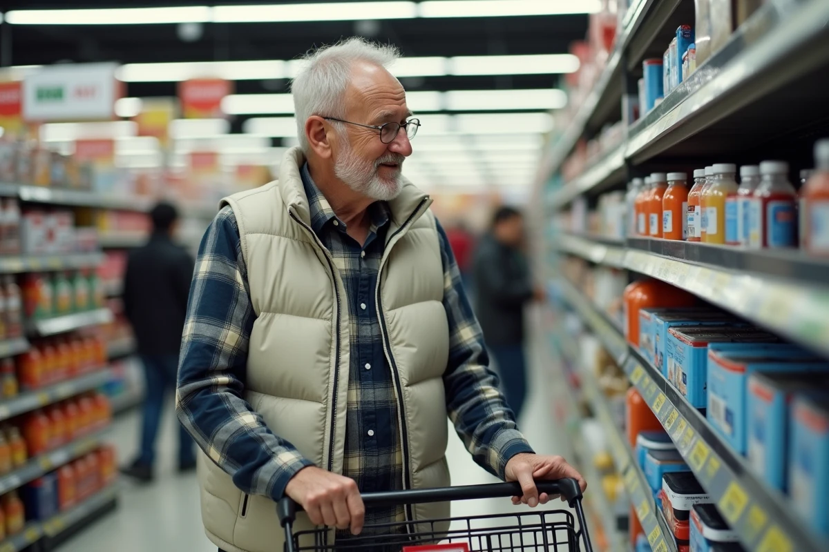 Homme âgé explorant les rayons dans un magasin Action