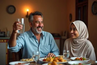 Homme souriant lors du ftour en famille Ramadan