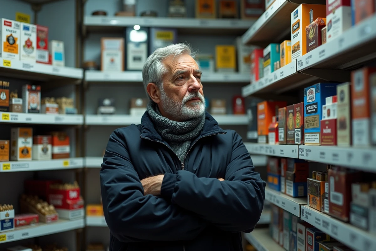 Homme comparant les prix de cartouches de cigarettes dans un bureau de tabac belge pendant un week-end shopping transfrontalier