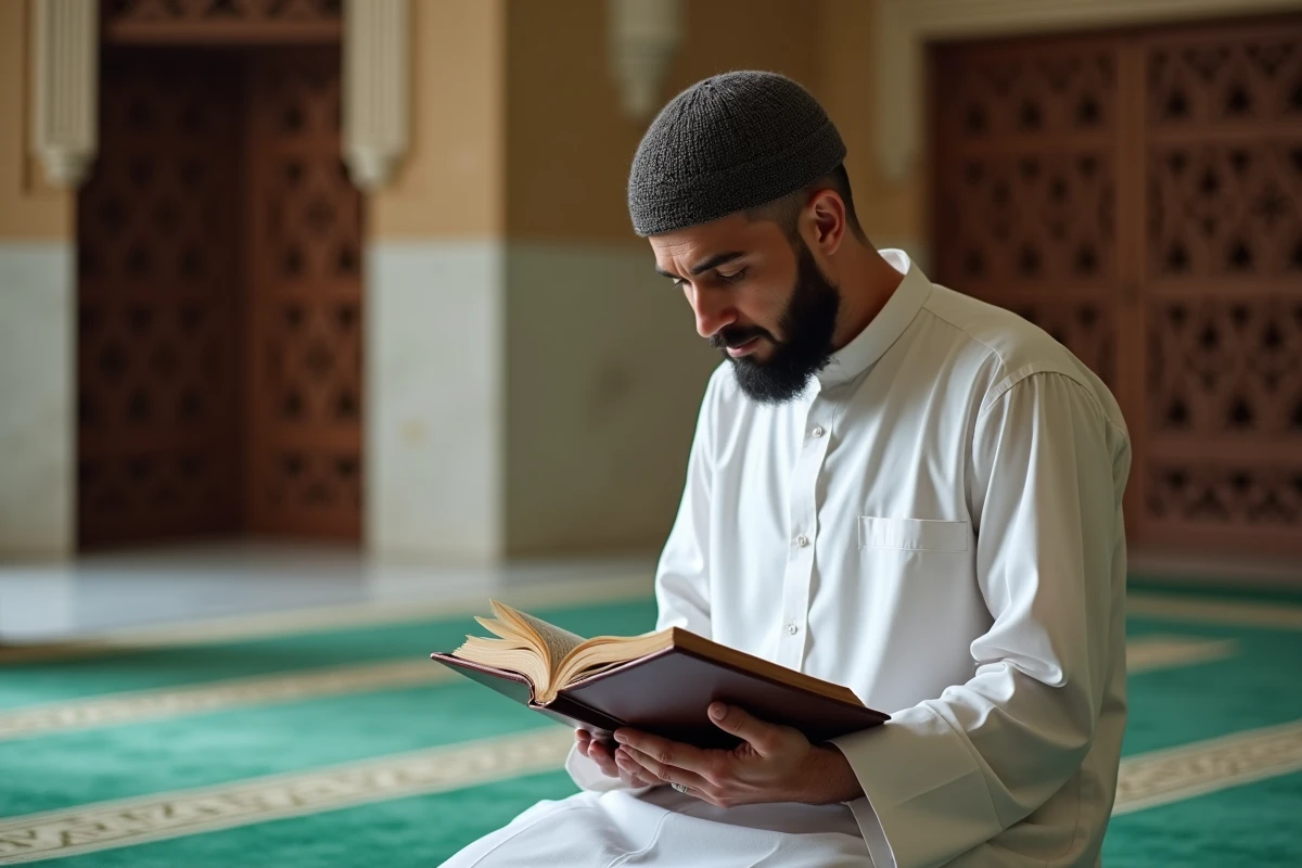 Homme en thobe blanc récitant une invocation islamique Istikhara dans une mosquée avec un Coran ouvert