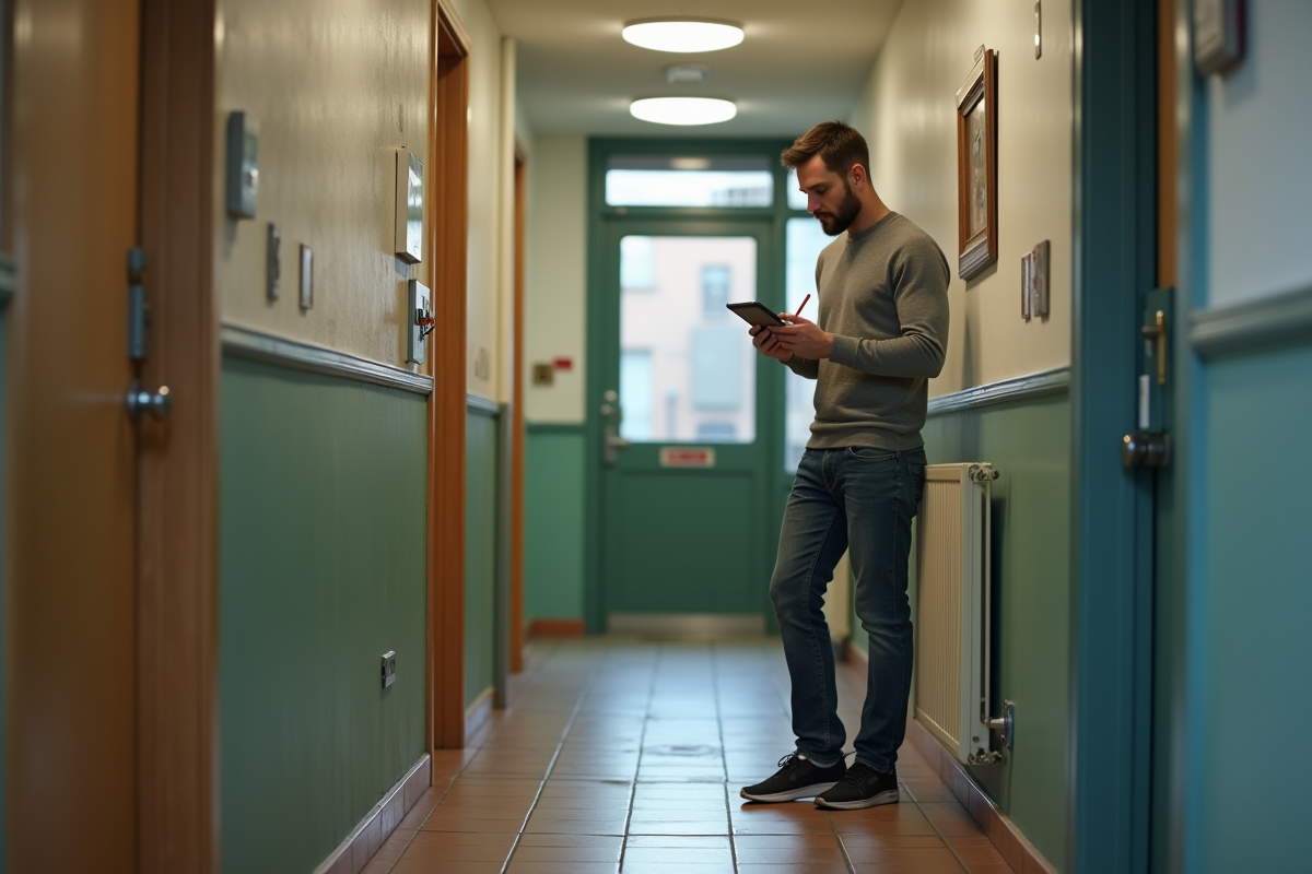 Homme vérifiant une checklist dans un couloir d