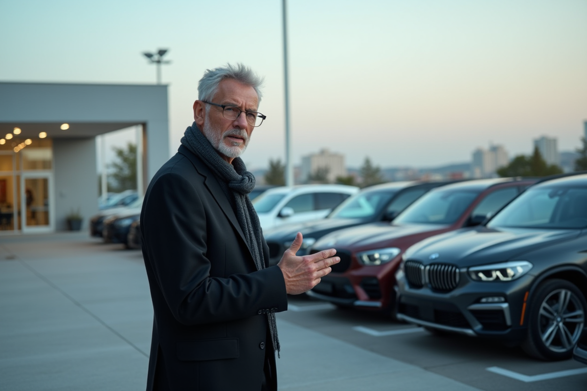 Homme d'âge moyen devant voitures neuves dans un concessionnaire