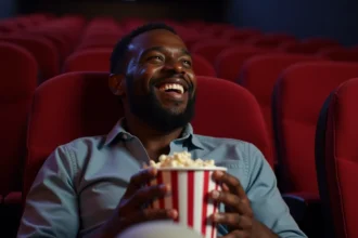 Homme noir riant dans une salle de cinéma, illustrant l'humour et la représentation des Noirs dans les films et séries