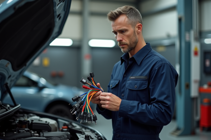 Ingénieur automobile examinant un faisceau de fils électriques
