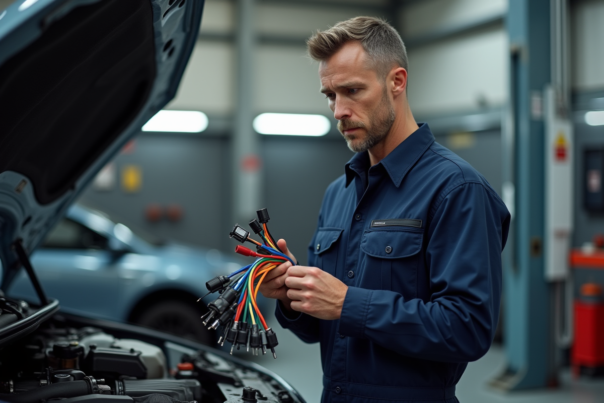 Ingénieur automobile examinant un faisceau de fils électriques