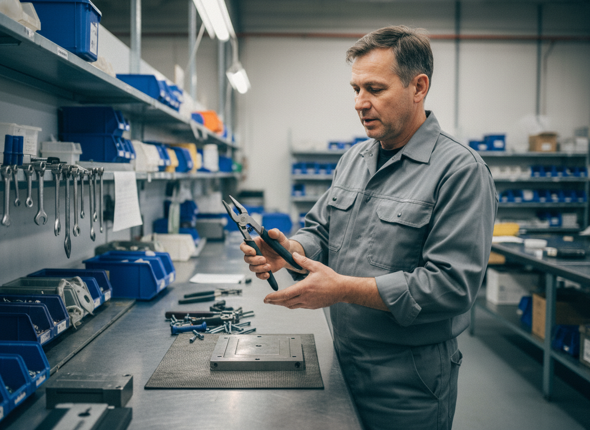 Ingénieur montrant un plieur d embossage à un collègue dans un atelier industriel
