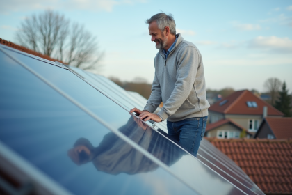 Homme inspectant des panneaux solaires sur un toit en banlieue