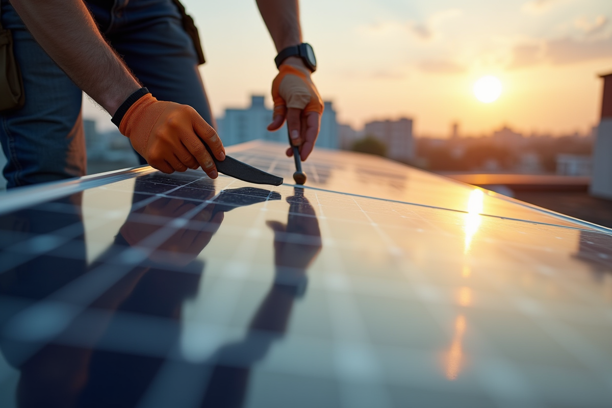 Installation de panneaux solaires sur un toit urbain
