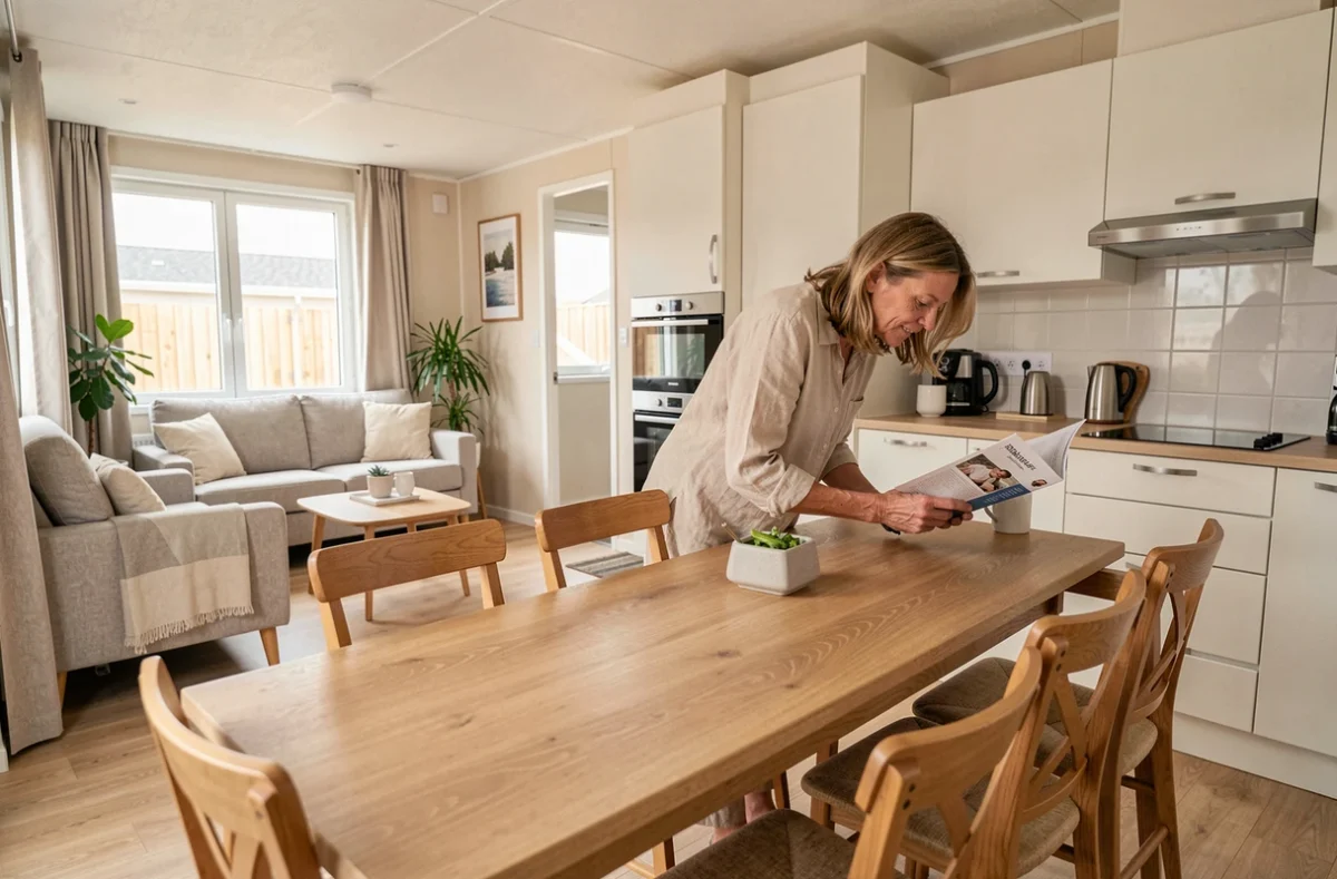 Intérieur moderne d'un mobil-home avec salon et cuisine équipée de style scandinave