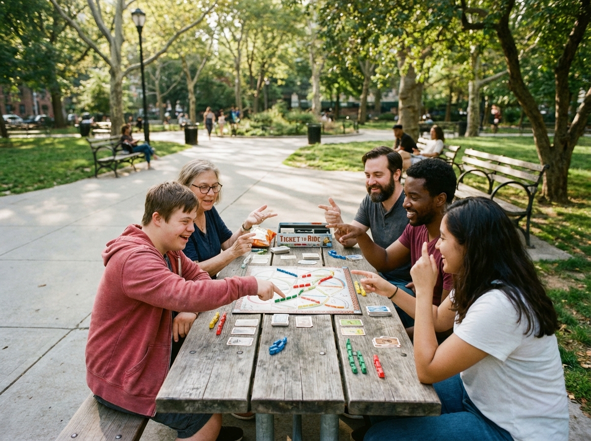 Adolescent avec Down joue à un jeu avec ses amis dans un parc