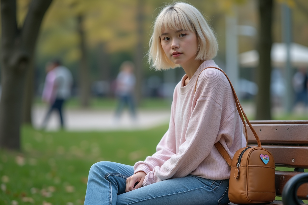 Jeune adulte assis sur un banc de parc en ville avec pin demigirl