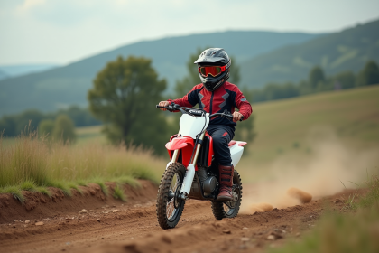 Jeune garçon en équipement motocross avec moto 50cc en extérieur
