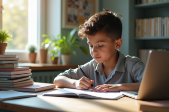 Jeune étudiant concentré à son bureau avec plan d'étude