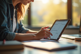 Jeune adulte étudiant avec tablette et flashcards en lumière naturelle