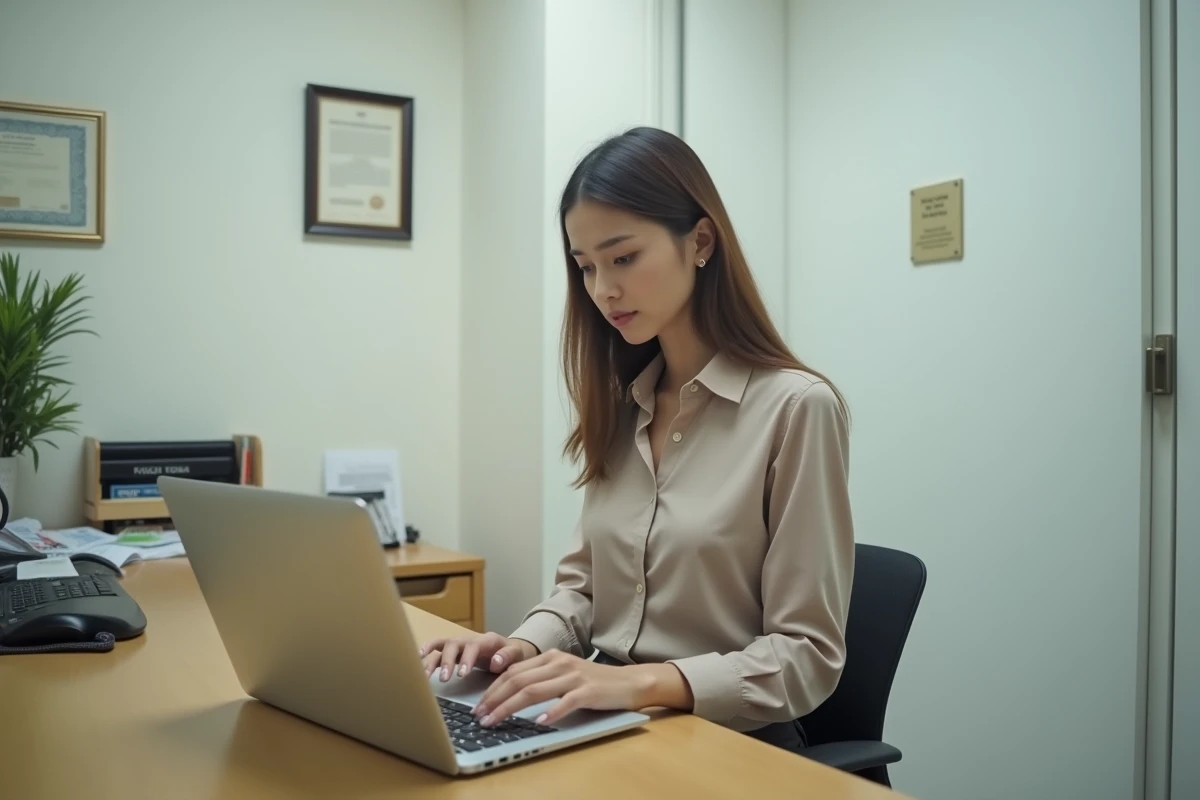 Jeune femme au bureau tapant sur un ordinateur portable
