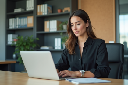 Jeune femme professionnelle travaillant sur un ordinateur dans un bureau universitaire