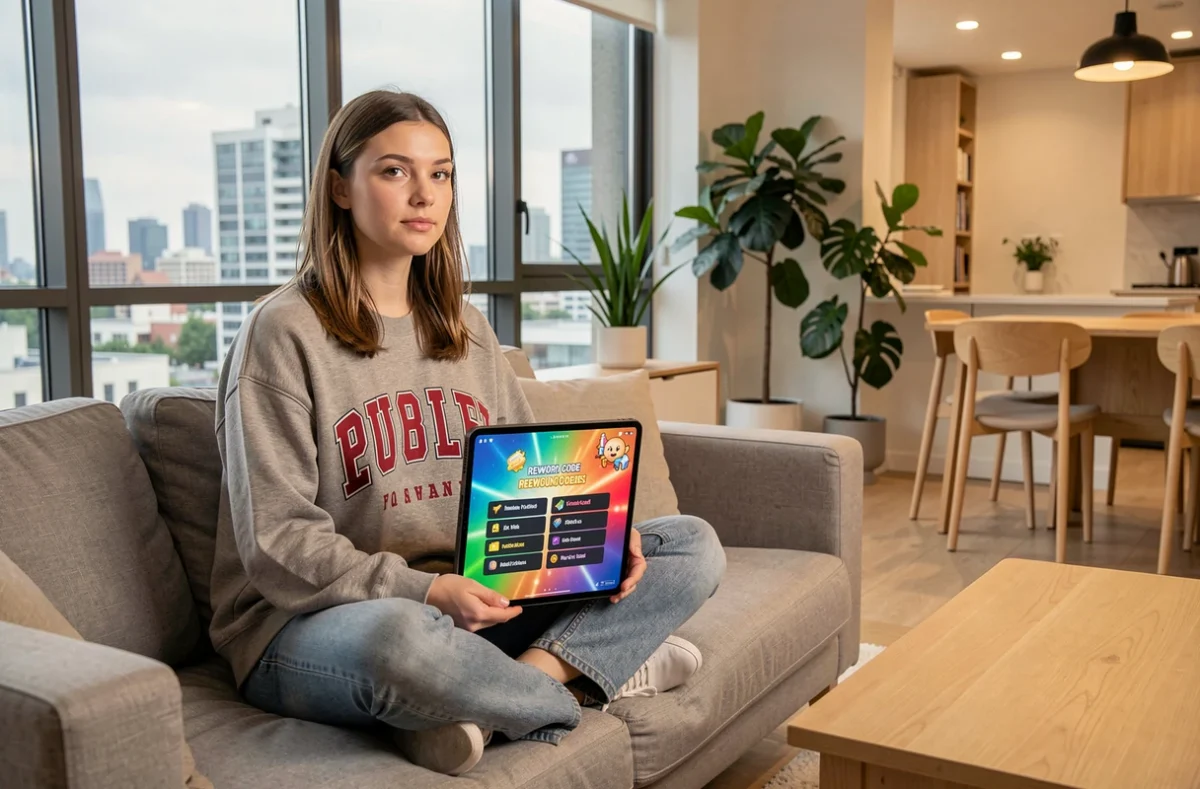 Jeune femme assise sur un canapé moderne consultant une page de codes de récompense sur tablette pour un jeu mobile de type Brawl Stars