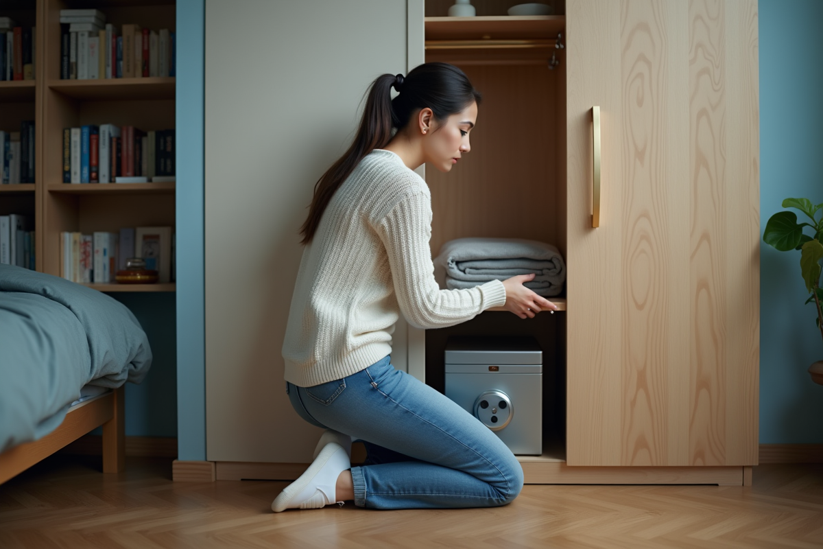 Jeune femme plaçant une caisse dans une chambre calme