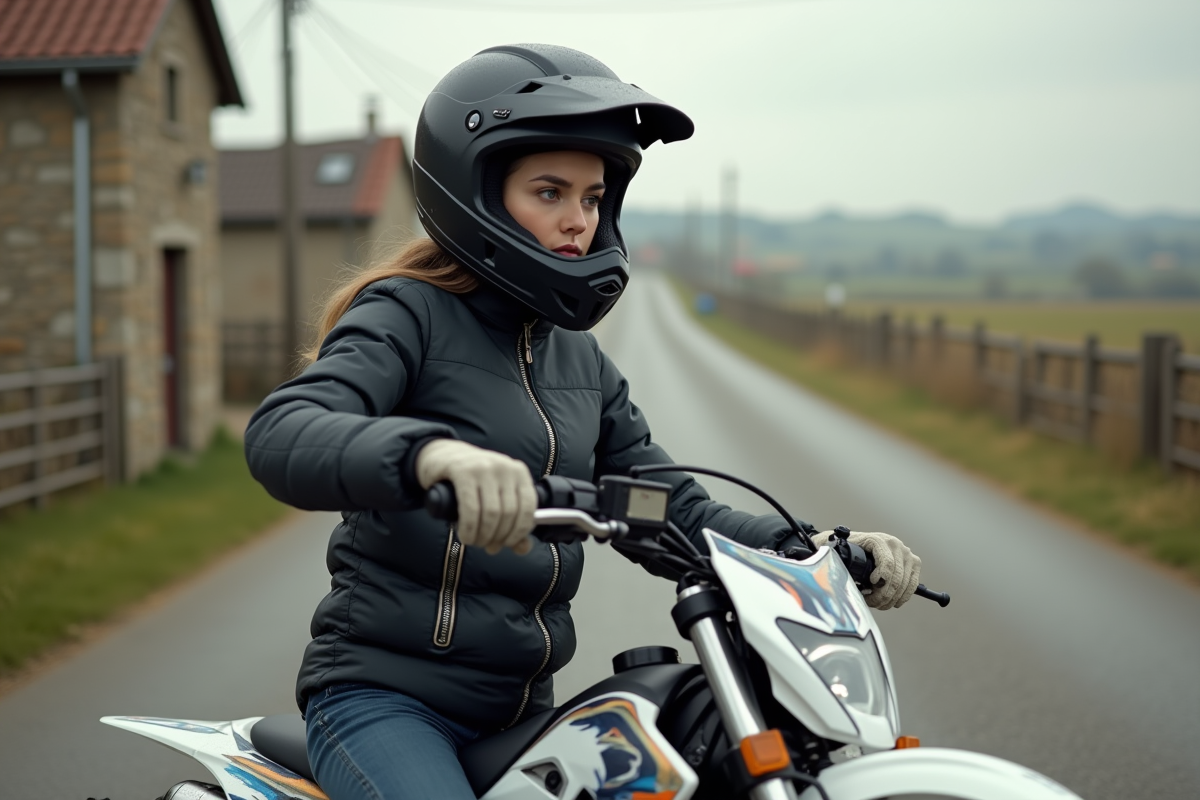 Jeune femme ajustant sa dirtbike 50cc au bord de la route rurale